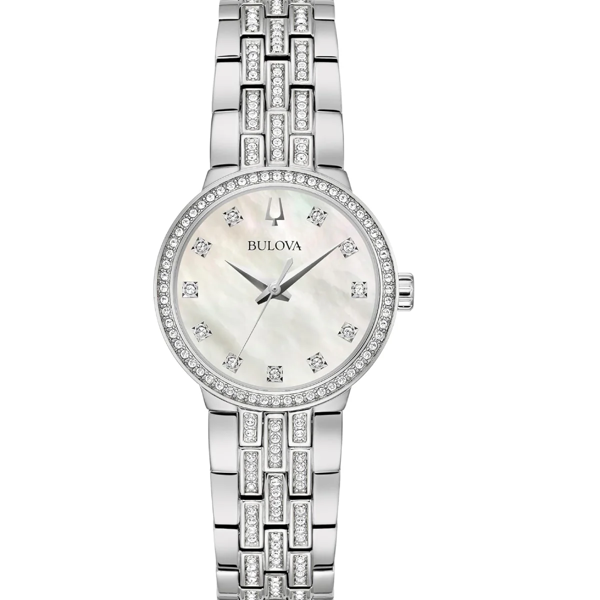 Bulova Women's Crystal 28.5mm Silver Analog Bracelet Watch with Cross Pendant Necklace Set - Mother of Pearl Dial - Image 2