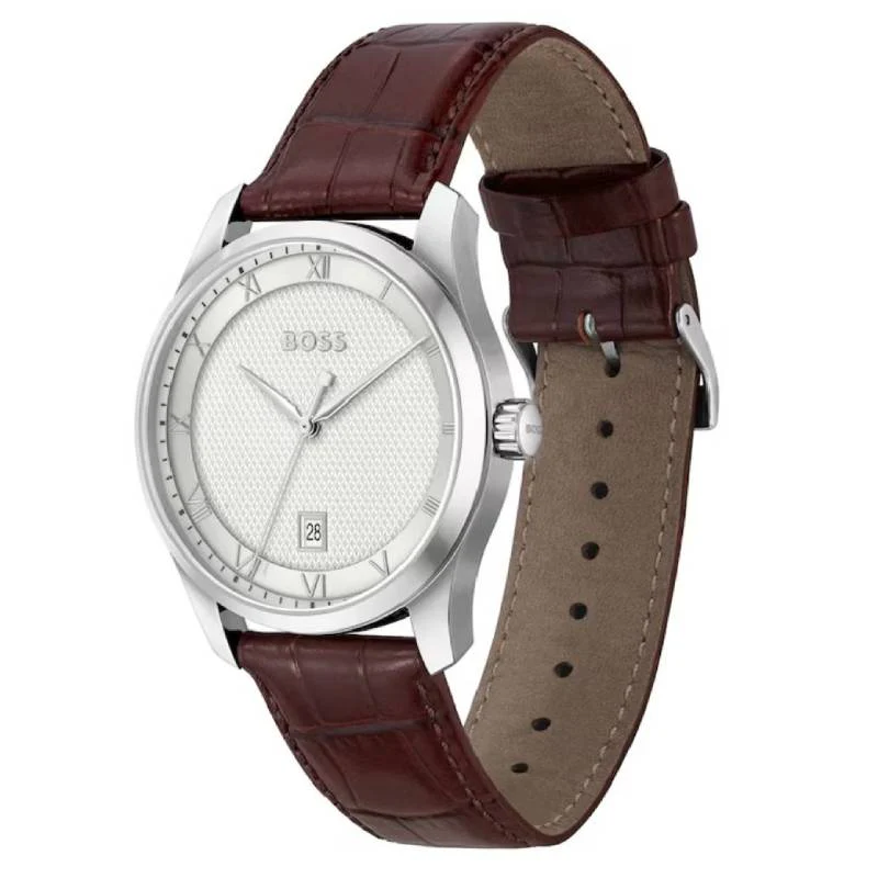 Hugo Boss Principle Men's 41mm Brown Strap Watch - Silver Dial