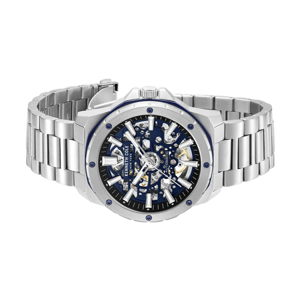 Kenneth Cole New York Skeleton Men's 45mm Silver Bracelet Watch - Blue Dial - Image 3