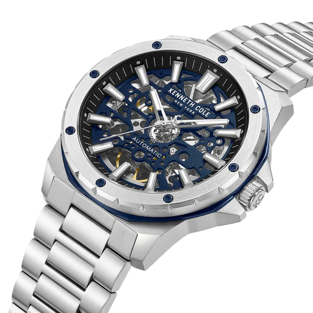 Kenneth Cole New York Skeleton Men's 45mm Silver Bracelet Watch - Blue Dial - Image 4