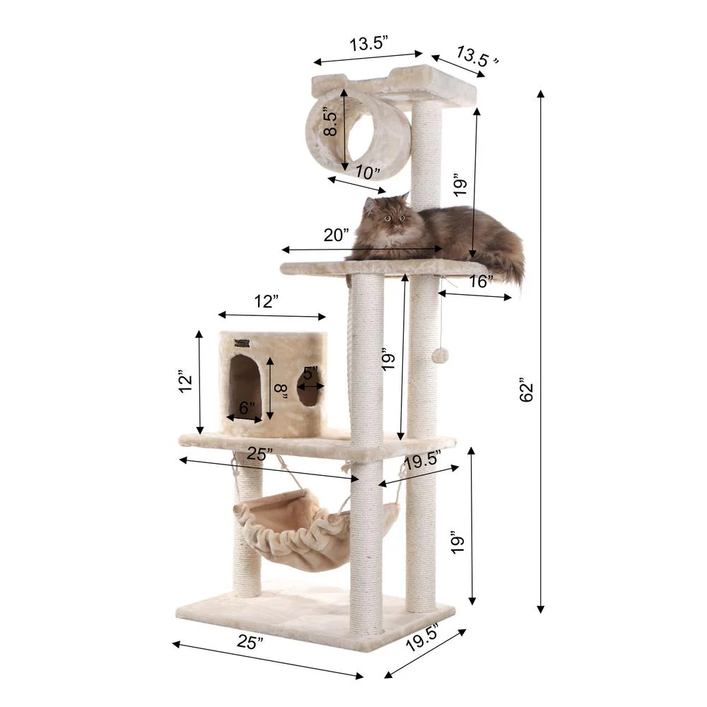 62" Real Wood Cat Tree With Scratch Posts, Hammock For Cats And Kittens