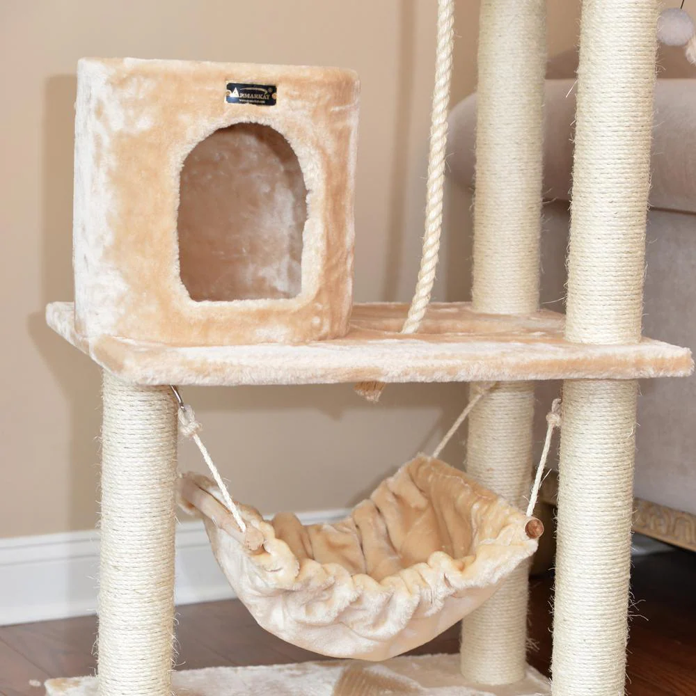 62" Real Wood Cat Tree With Scratch Posts, Hammock For Cats And Kittens - Image 11