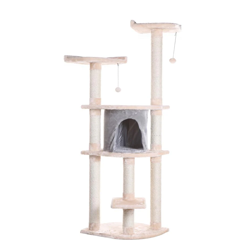 64" Real Wood Cat Tree With Sractch Sisal Post, Soft-Side Playhouse, Almond - Image 10