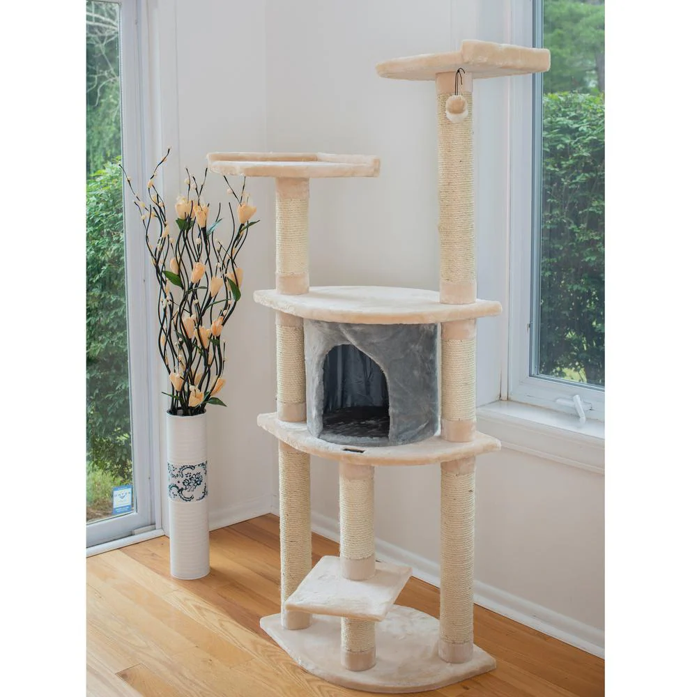 64" Real Wood Cat Tree With Sractch Sisal Post, Soft-Side Playhouse, Almond - Image 2