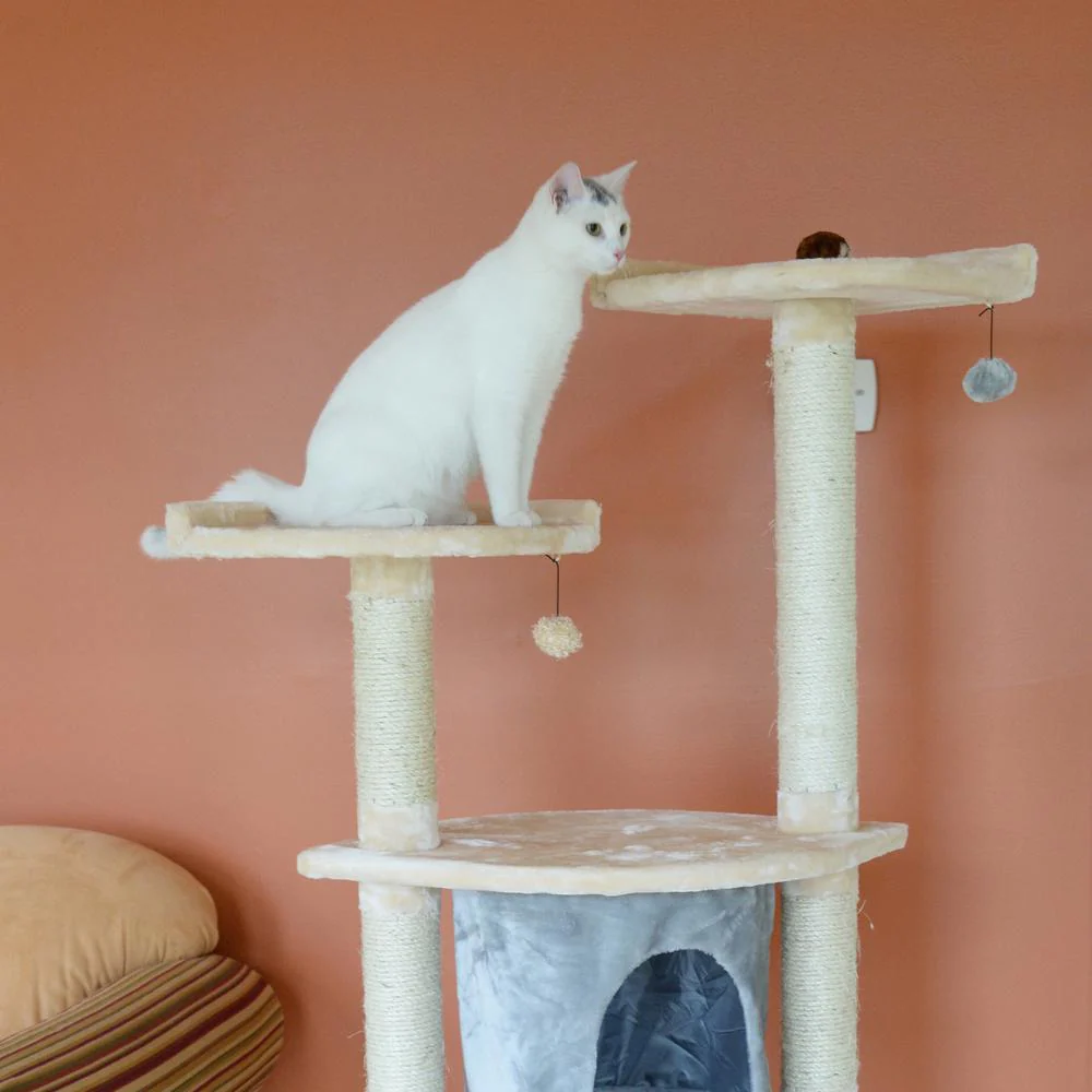 64" Real Wood Cat Tree With Sractch Sisal Post, Soft-Side Playhouse, Almond - Image 8
