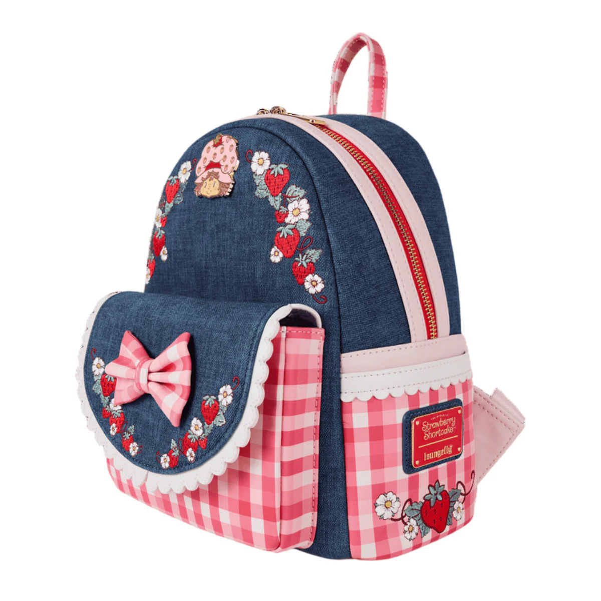 Loungefly Strawberry Shortcake Denim Gingham Mini Backpack with Adjustable Strap - Blue/Pink - Image 2