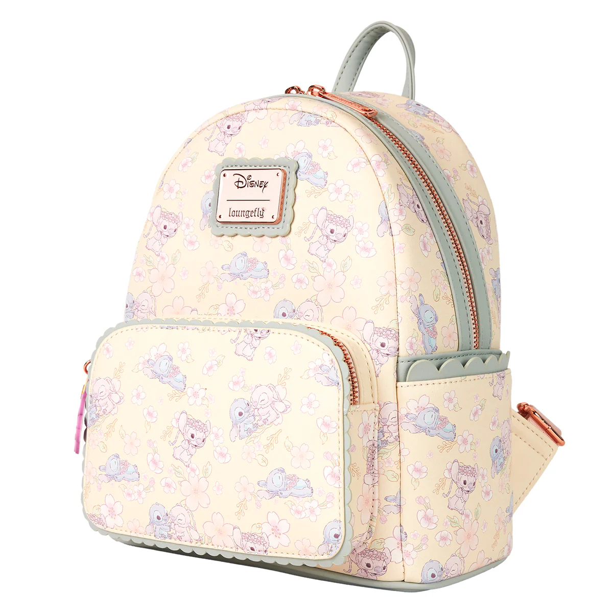 Loungefly Disney Stitch and Angel Cherry Blossom All-Over Print Mini Backpack with Adjustable Strap - Beige - Image 2