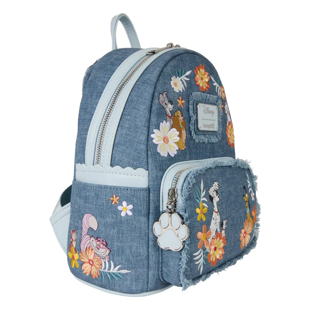 Loungefly Disney Dogs & Cats Floral Faux Denim Fringe Mini Backpack - Blue - Image 2