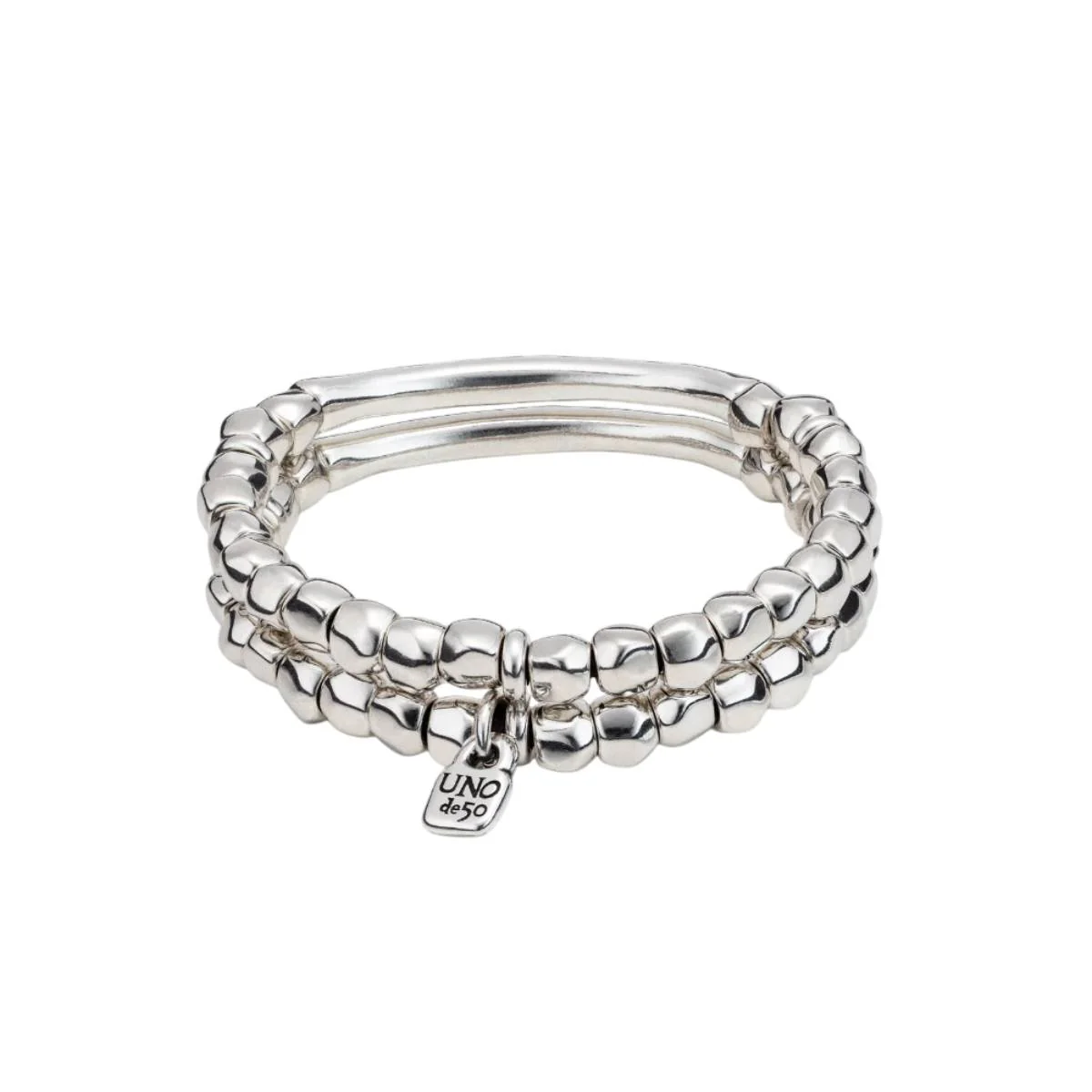 UNOde50 Tandem Unisex Large Tubular Piece Double Strand Beaded Bracelet in Sterling Silver-Plating over Metal - Image 3