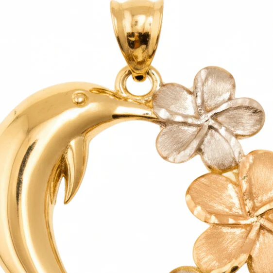 14K Tri-Color Gold Dolphin with Flower Pendant - Image 2