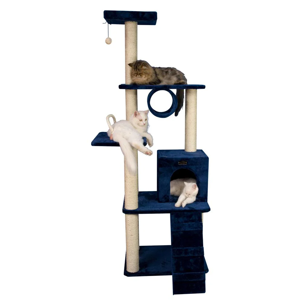 71" Navy Real Wood Cat Climbing Tower, Cat Scratching Furniture - Image 4