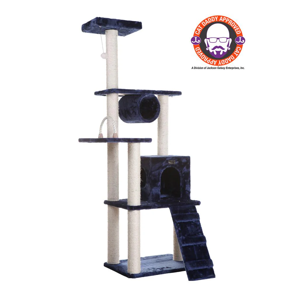 71" Navy Real Wood Cat Climbing Tower, Cat Scratching Furniture - Image 7