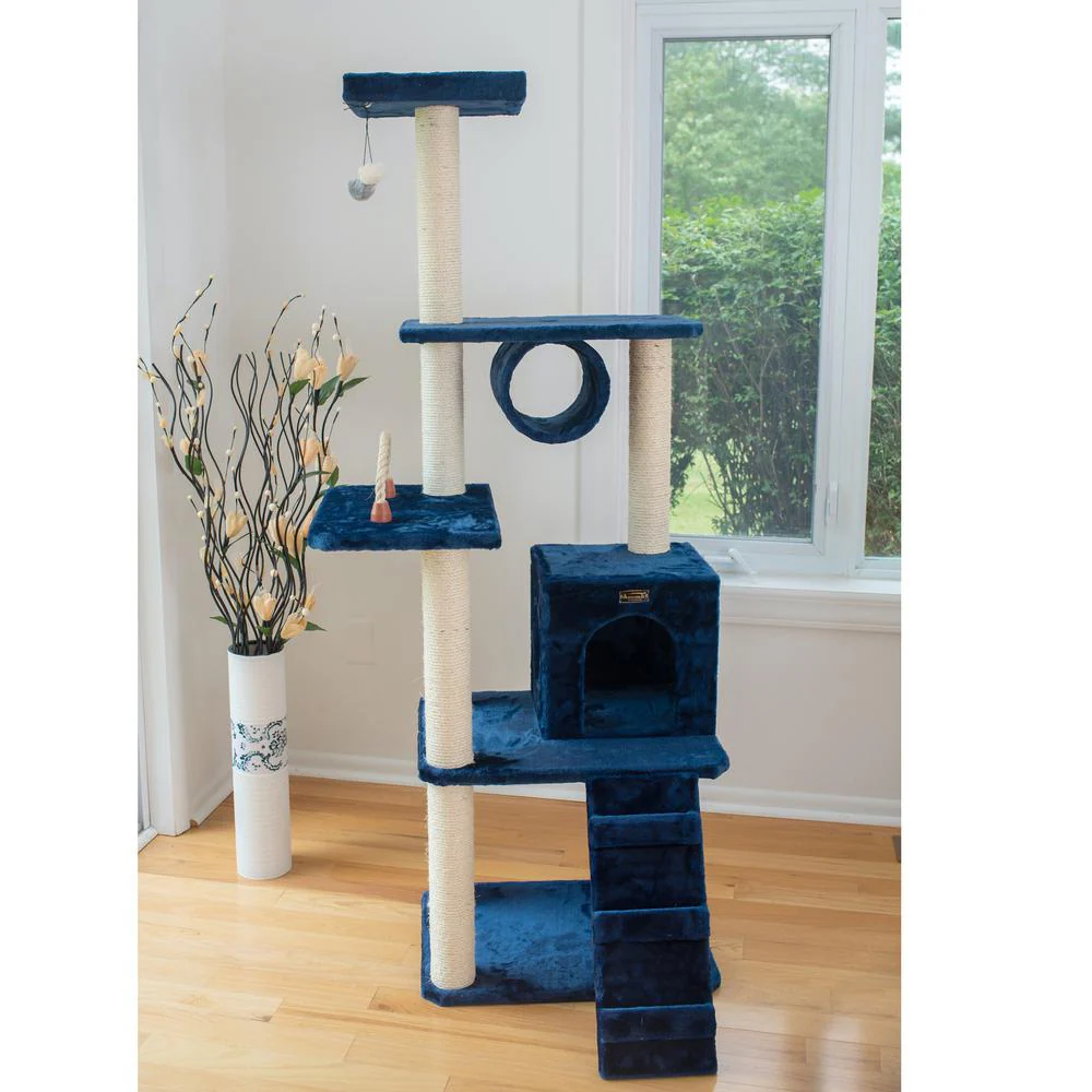 71" Navy Real Wood Cat Climbing Tower, Cat Scratching Furniture - Image 9