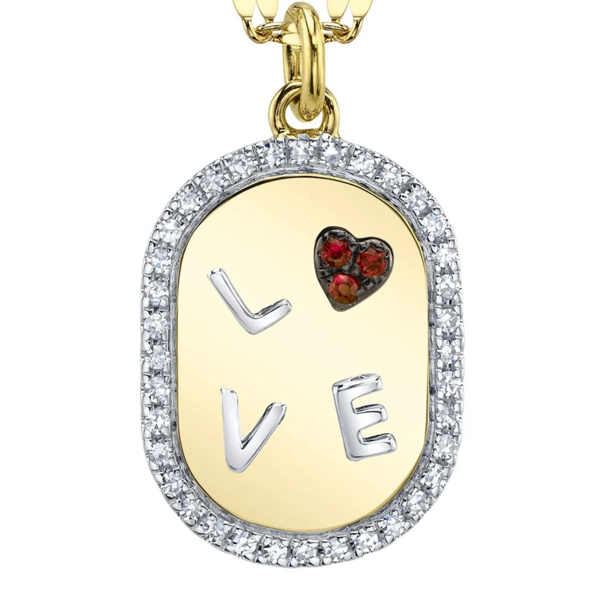 Shy Creation Kate Women's 0.10 ct. Diamond & 0.02 ct. Ruby Heart "Love" Oval Sparkle Chain Necklace in 14K Two Tone Yellow Gold - Image 2