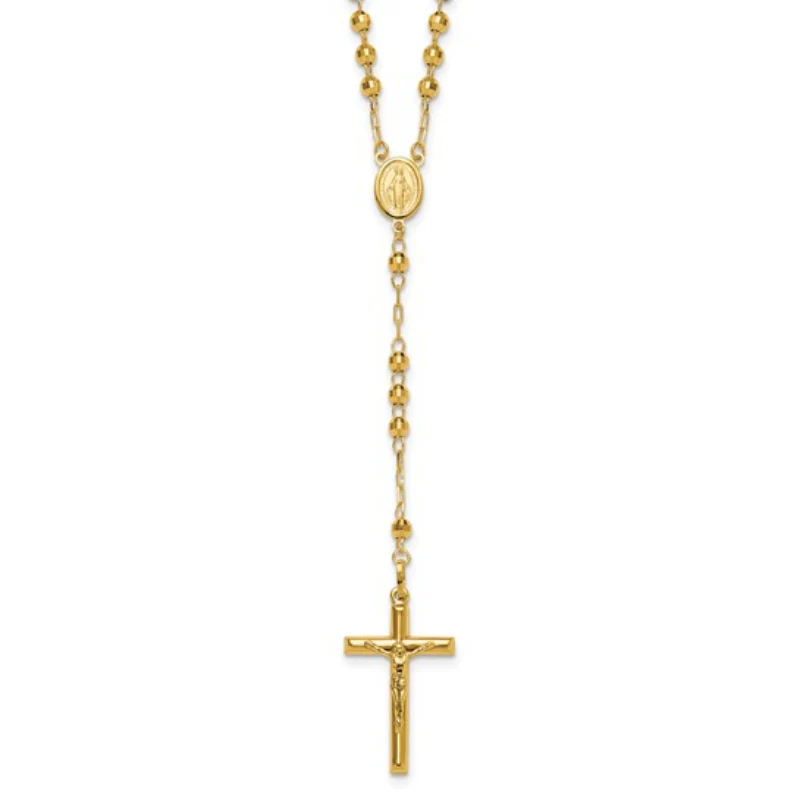 14K Yellow Gold Unisex 24" Crucifix and Miraculous Medal and Mirror Beaded Rosary Necklace - Image 3
