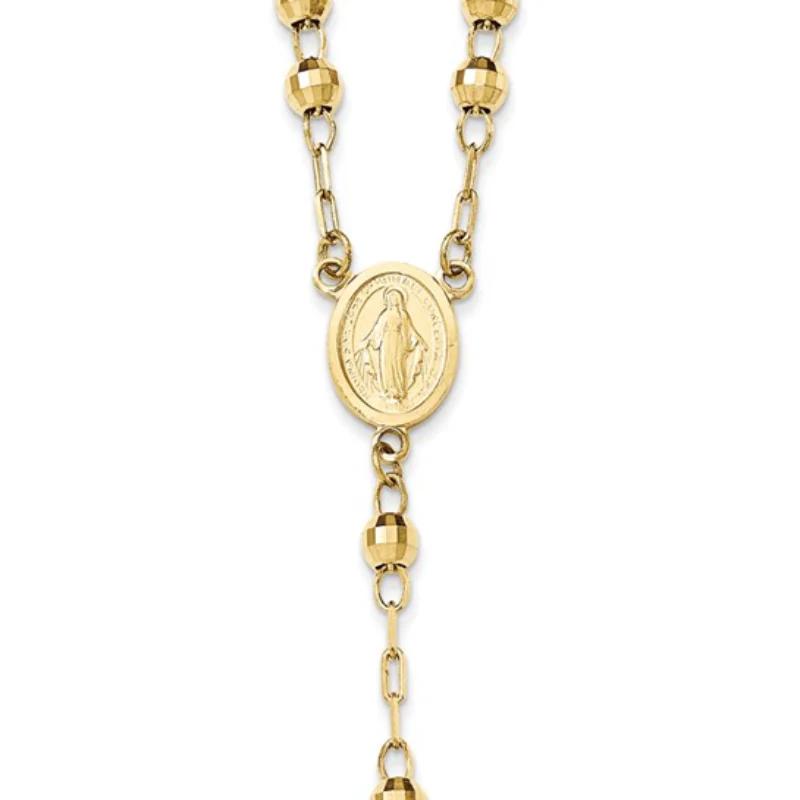 14K Yellow Gold Unisex 24" Crucifix and Miraculous Medal and Mirror Beaded Rosary Necklace - Image 4