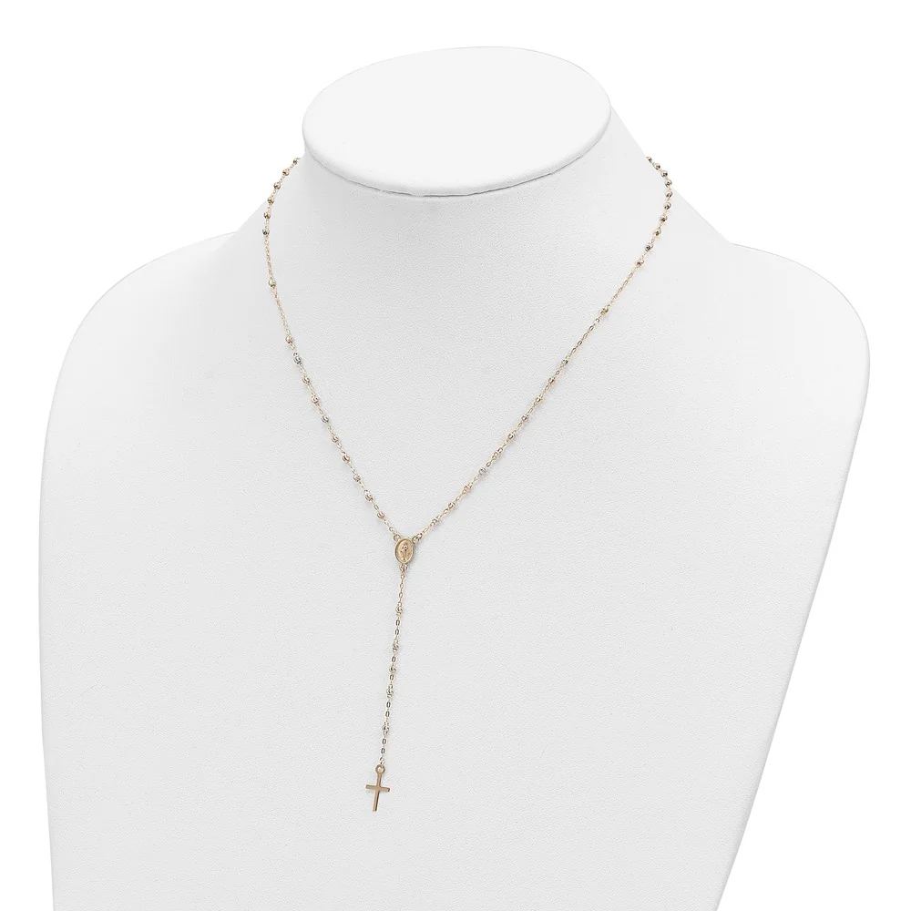 14K Tri-Color Gold Unisex 17" Cross and Miraculous Medal Laser-Cut Beaded Rosary Necklace with Extender - Image 3