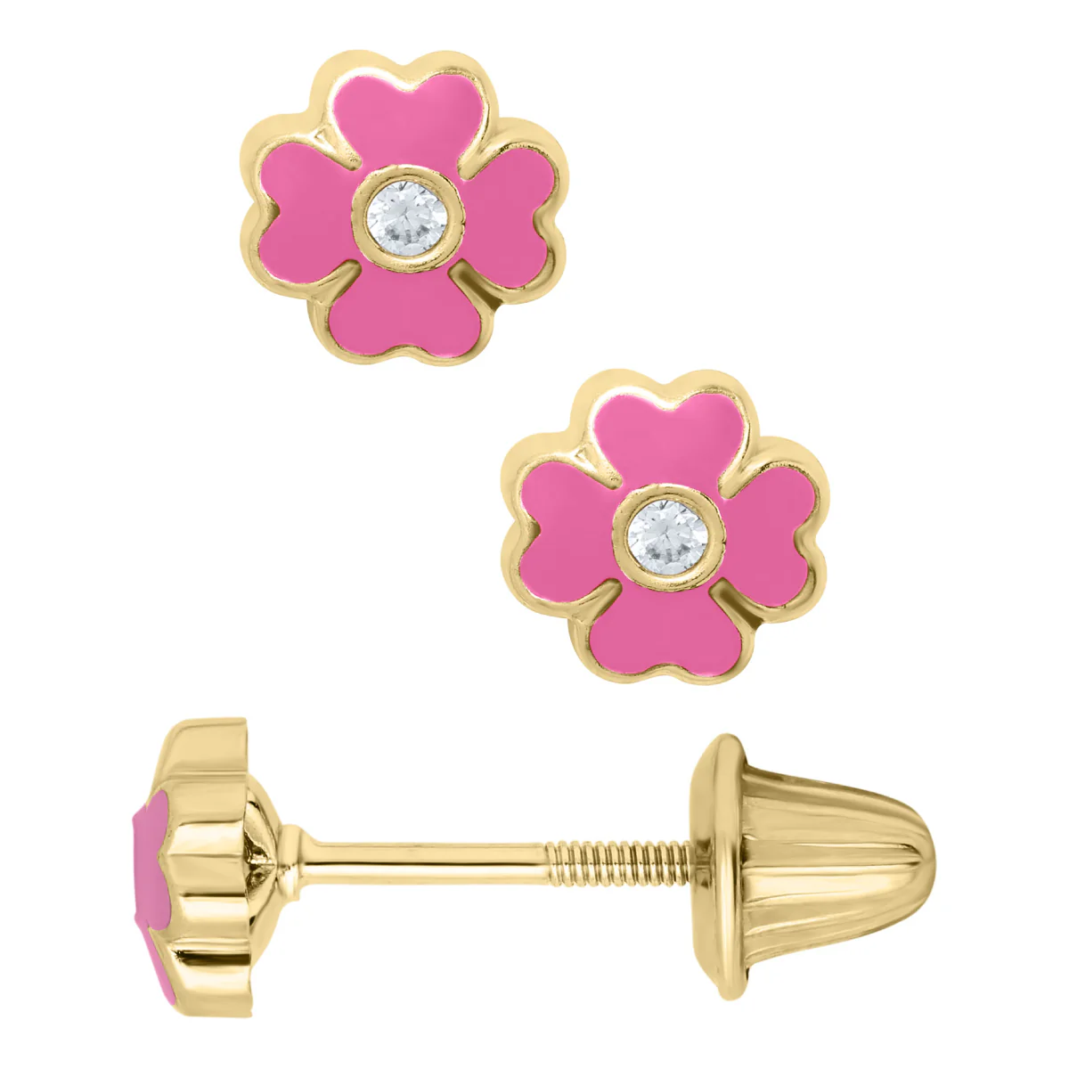 Marathon Pink Epoxy Heart Flower Earrings in 14K Yellow Gold