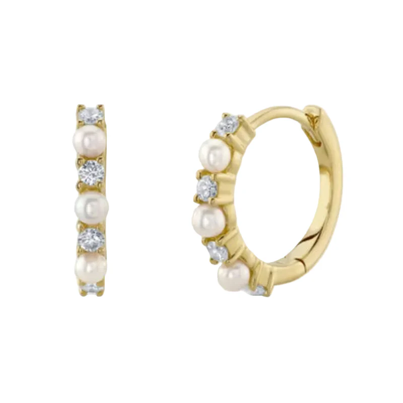 Shy Creation Jackie 0.14 ct. Diamond & Cultured Pearl Huggie Earrings in 14K Yellow Gold