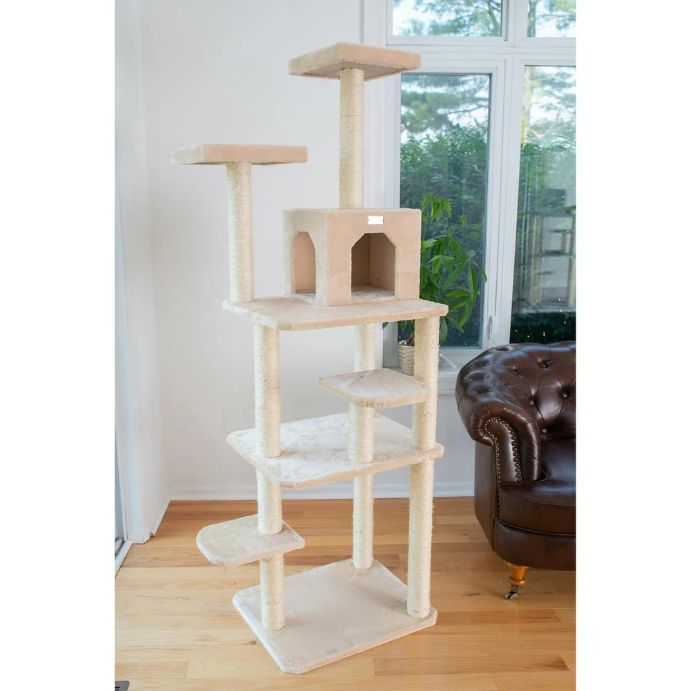 74-Inch Real Wood Cat Tree With Seven Levels, Beige - Image 3