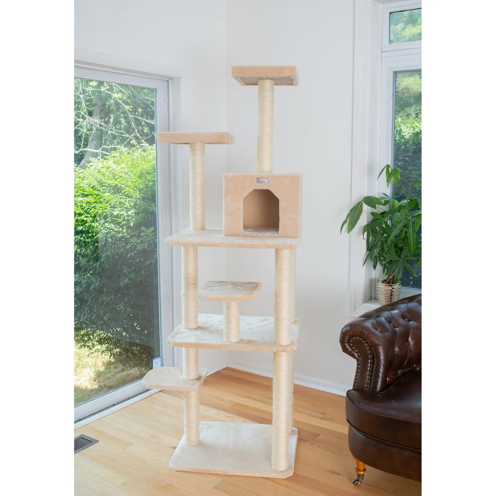 74-Inch Real Wood Cat Tree With Seven Levels, Beige - Image 4