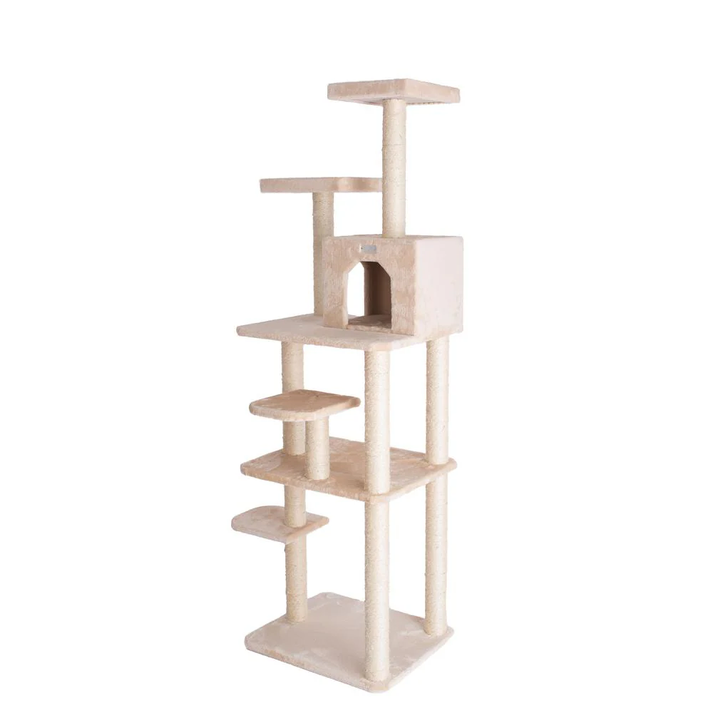74-Inch Real Wood Cat Tree With Seven Levels, Beige - Image 9