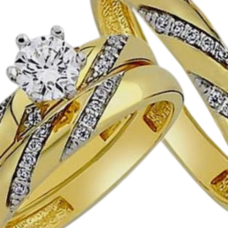 14K Yellow Gold Cubic Zirconia Wedding Trio Ring Set - Image 2