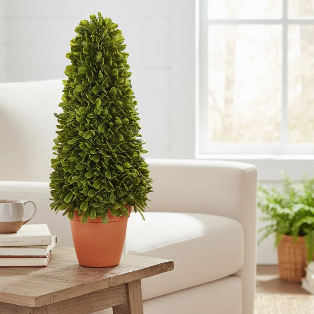 Allstate Floral Boxwood Cone-Shaped Artificial Topiary Plant with Cement Vase - Green - Image 2