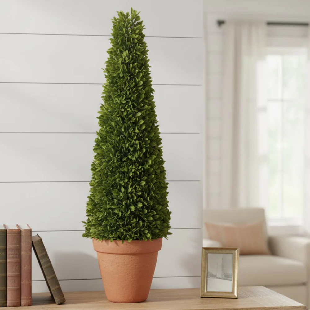 Allstate Floral Boxwood Cone-Shaped Artificial Topiary Plant with Cement Vase - Green - Image 4