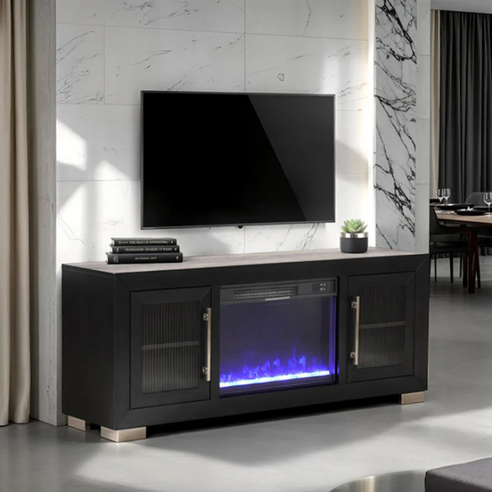 Ashbourne 60" TV Stand with Electric Fire Place,Heater by Furniture of America - Black - Image 2