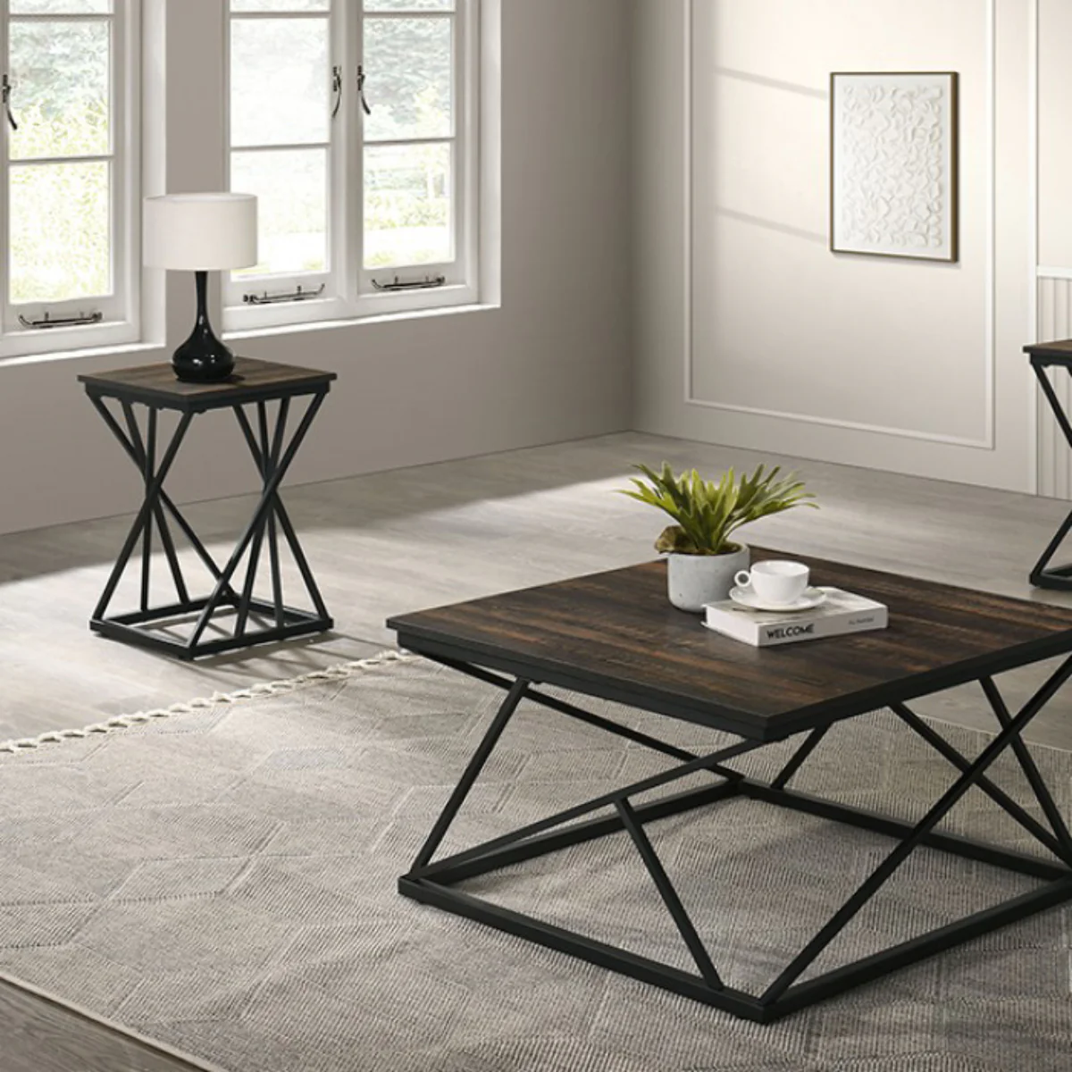 Borup Table Set (3-Piece) by with Metal Base Furniture of America - Black/Brown - Image 2