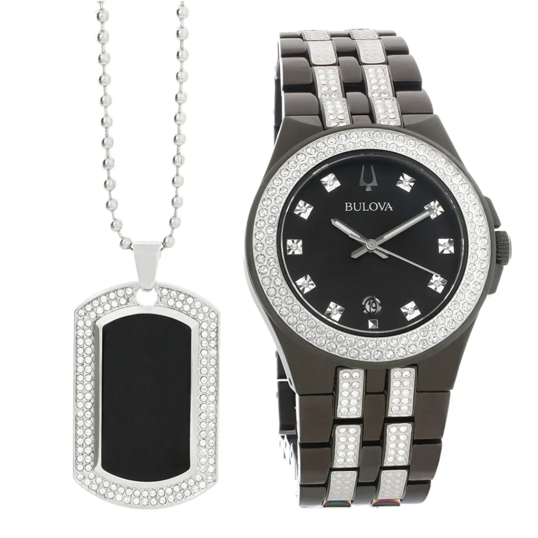 Bulova Crystal Collection Black Dial Two Tone Steel Strap Watch Set - Image 2