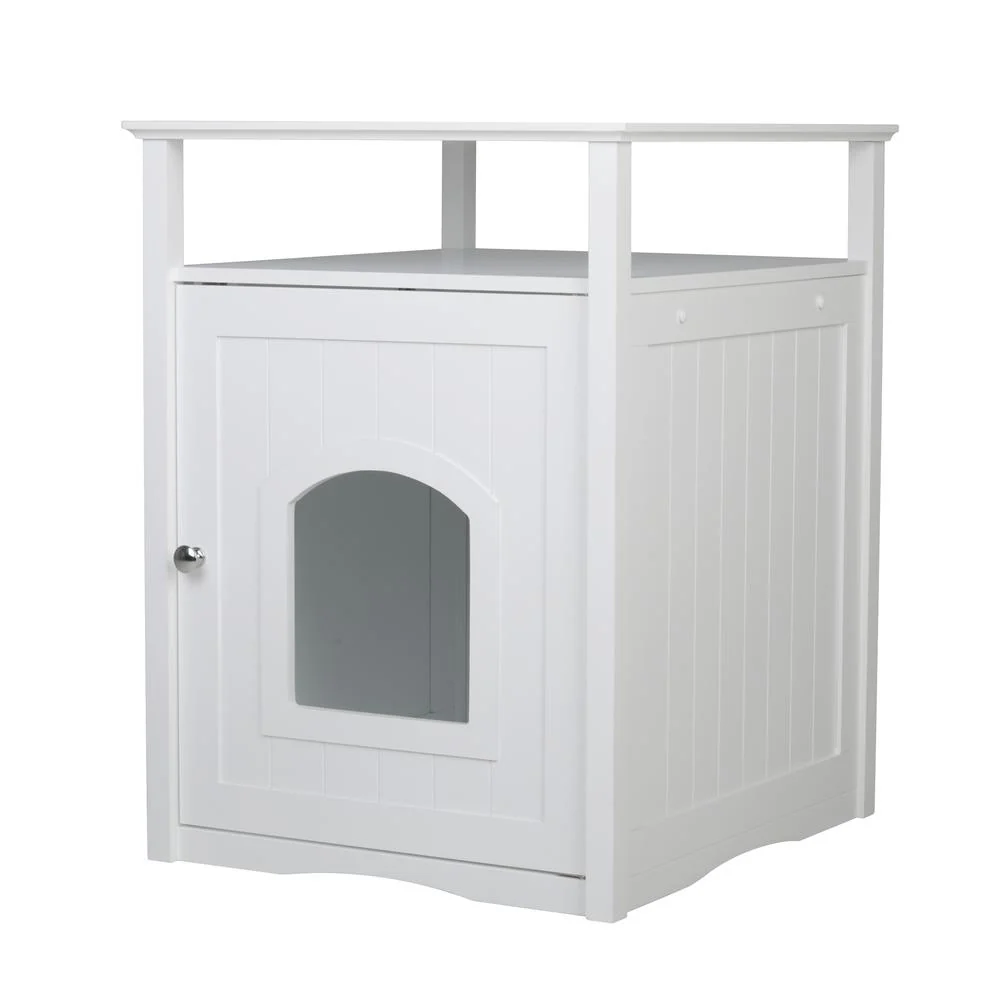 Cat Washroom Litter Box Cover / Night Stand Pet House, White