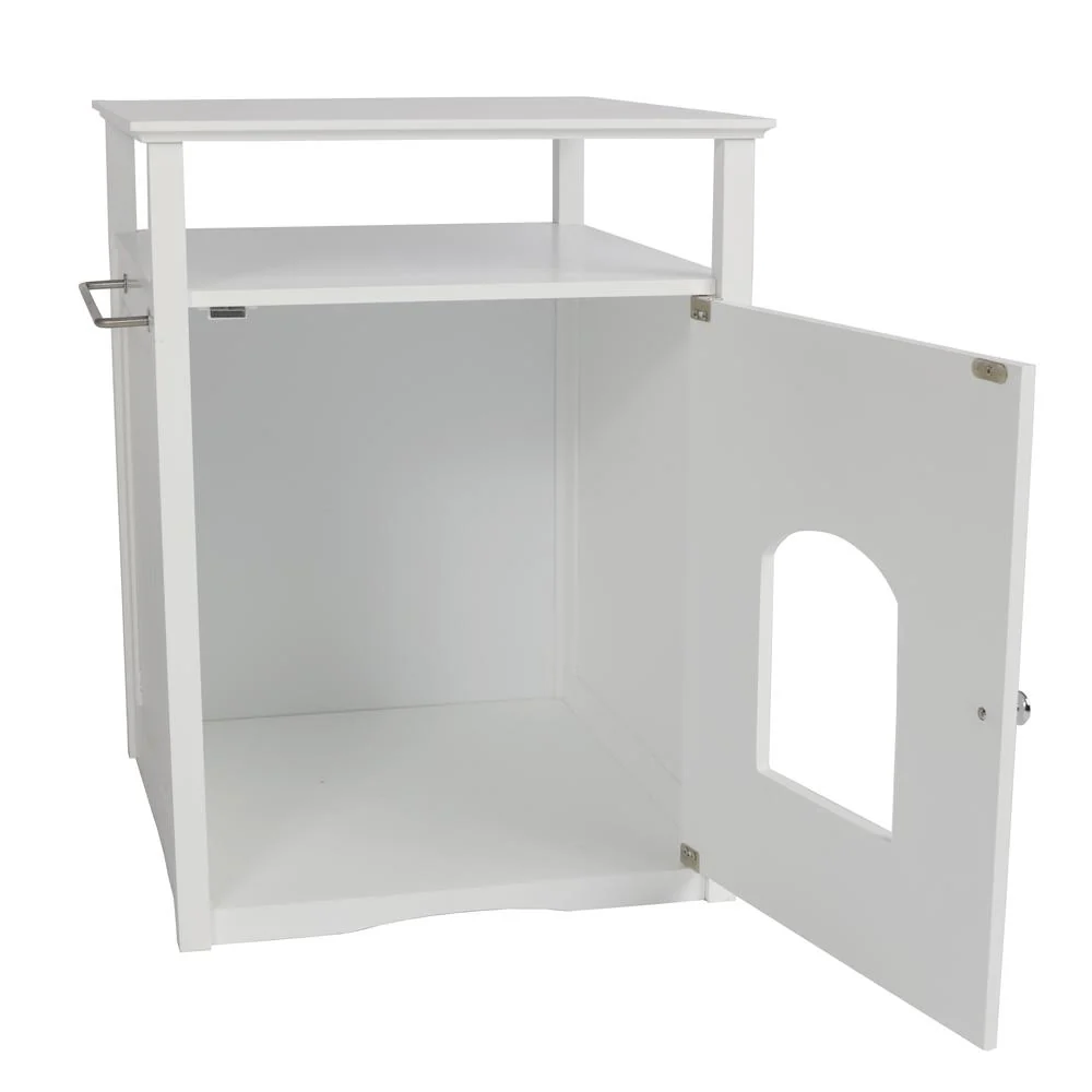 Cat Washroom Litter Box Cover / Night Stand Pet House, White - Image 3