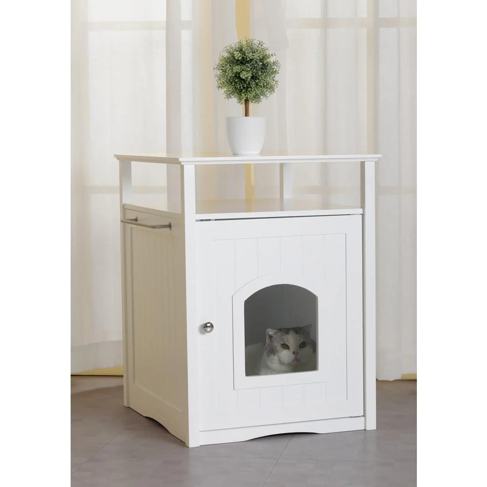Cat Washroom Litter Box Cover / Night Stand Pet House, White - Image 4