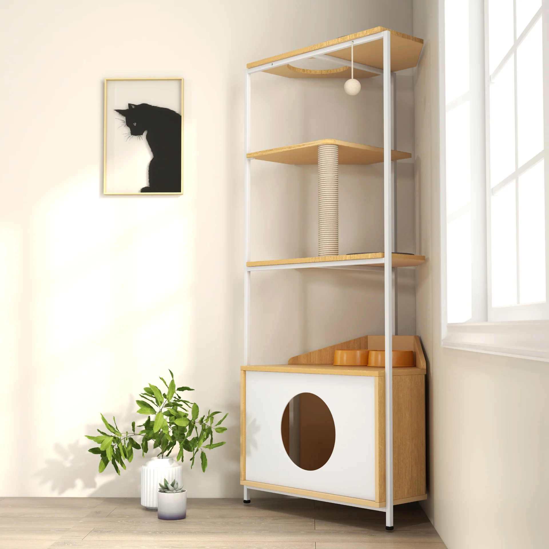 Corner Cat Tower, Cat Tree with Scratching Post, Cat Condo with Feeding Station and Climbing Platforms, Pet Furniture for Indoor Cats - Image 13