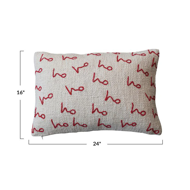 Creative Co-op Lumbar Pillow with Embroidered "Ho Ho Ho" Pattern- Natural/Red - Image 2