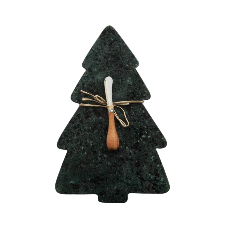 Creative Co-op Tree Shaped Cheese Cutting Board with Canape Knife Set