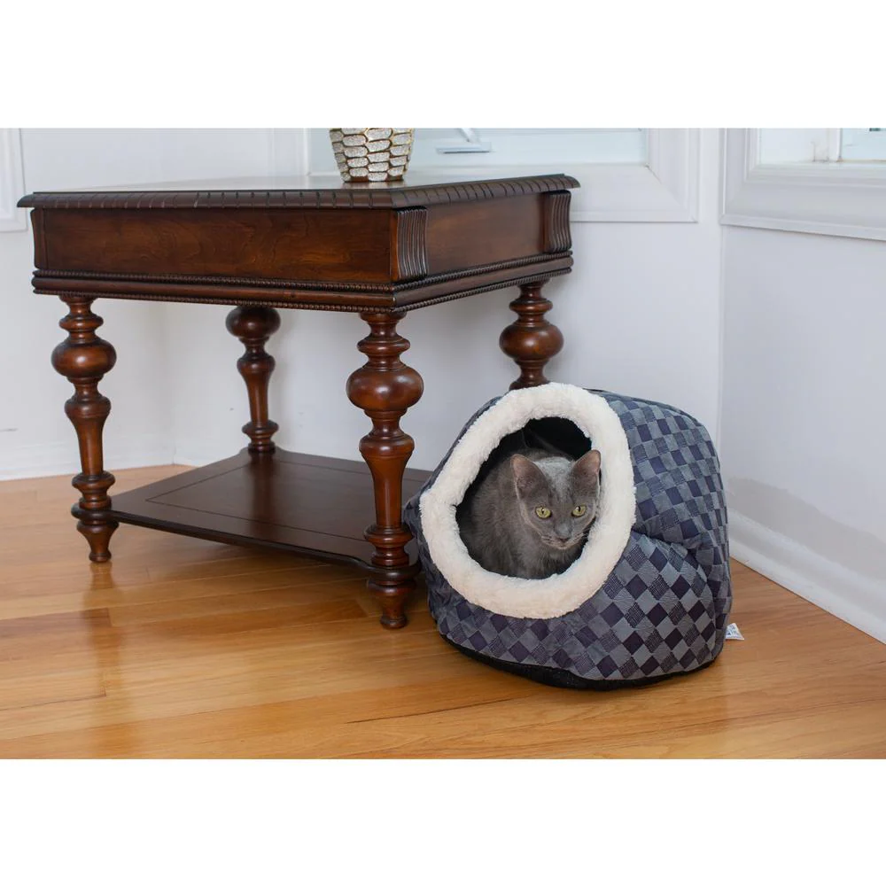 Cuddle Cave Cat Bed C44 For Cats & Puppy Dogs, Blue Checkered - Image 14