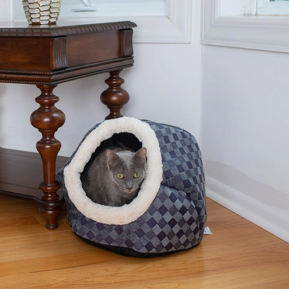Cuddle Cave Cat Bed C44 For Cats & Puppy Dogs, Blue Checkered - Image 4
