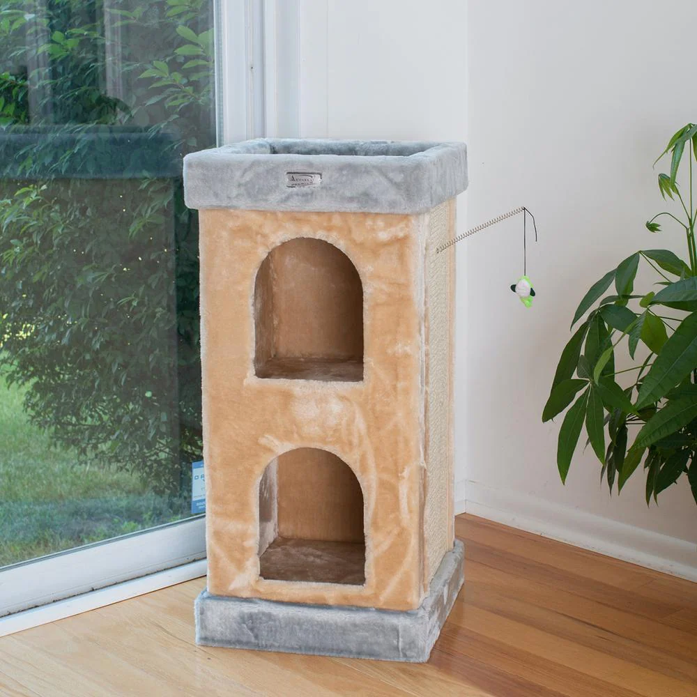 Double Condo Real Wood Cat House With Sratching Carpet For Cats, Kitty Enjoyment - Image 4