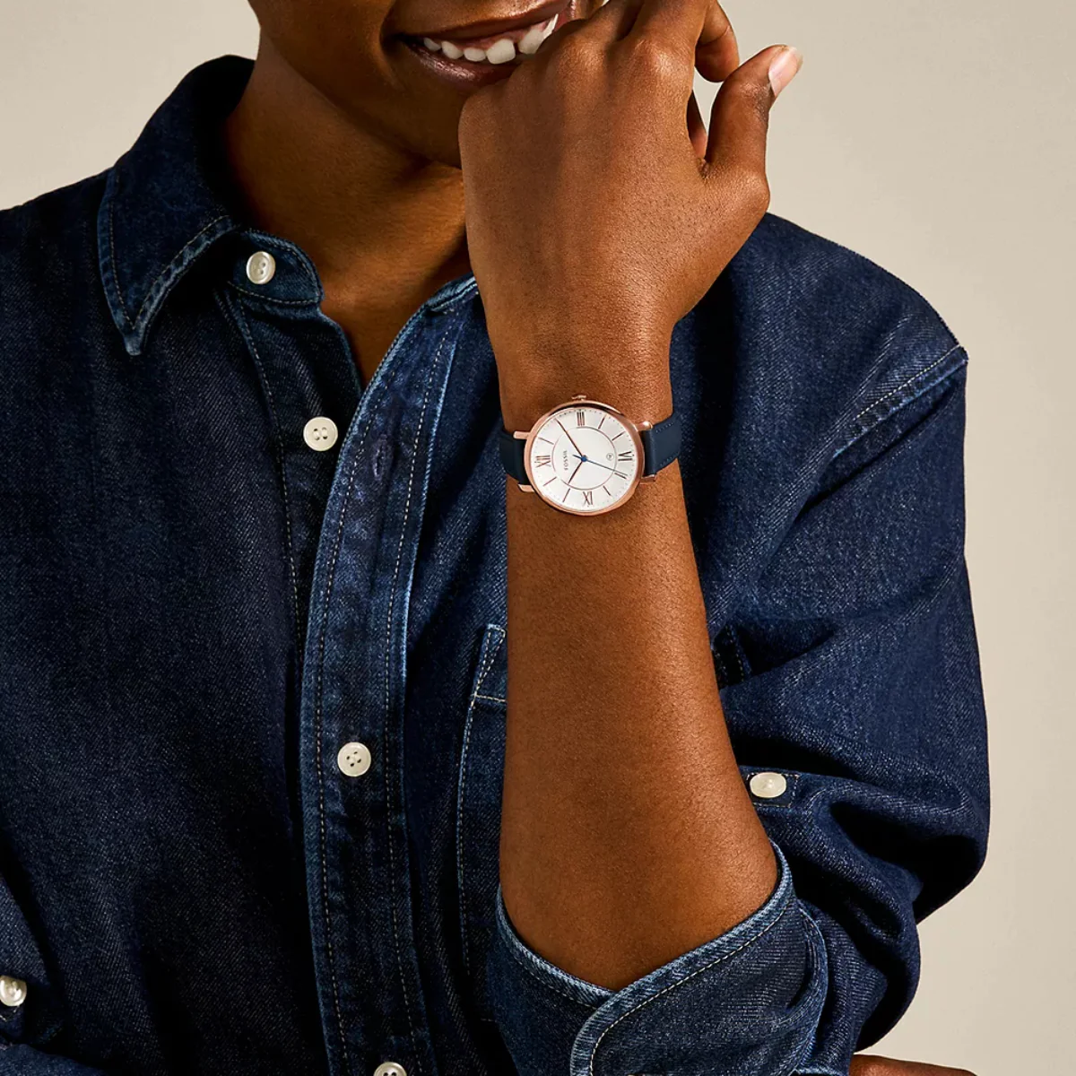 Fossil Jacqueline Women's 36mm Navy Strap Watch - Rose Gold Dial - Image 3