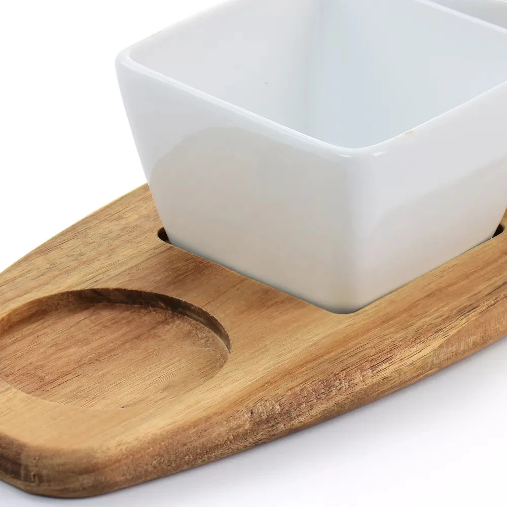 Gibson Elite Gracious Dining Fine Ceramic Tidbit Dish Set with Acacia Wood Base (4-Pieces) - White - Image 5