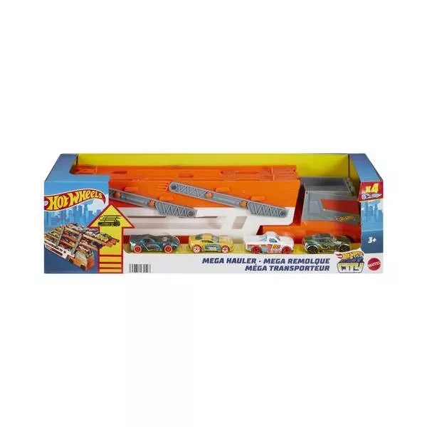 Hot Wheels Mega Hauler Truck Toy with 4 Die-Cast Cars - Orange - Image 3