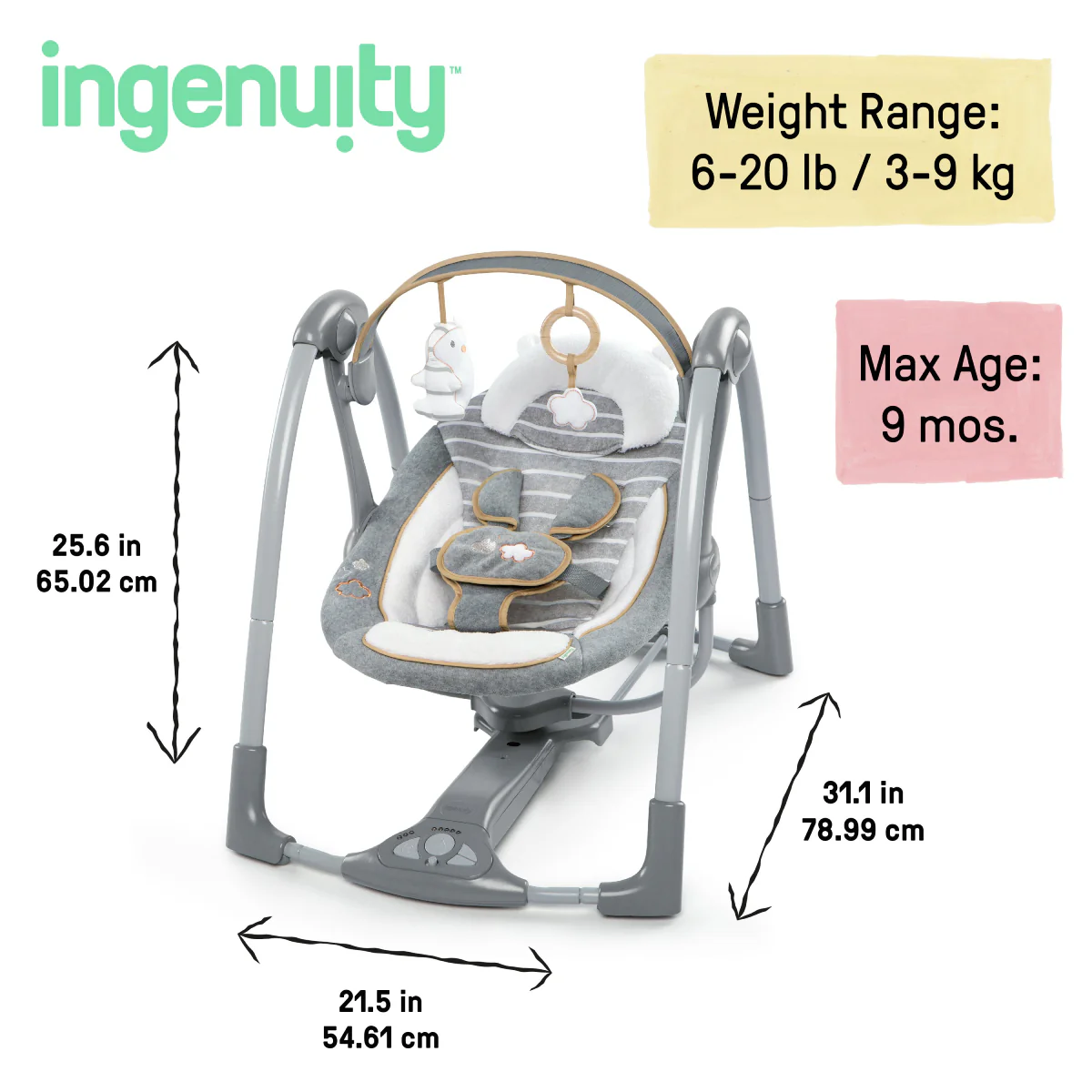 Ingenuity Boutique Collection Deluxe Swing 'n Go Portable Baby Swing - Bella Teddy - Image 6