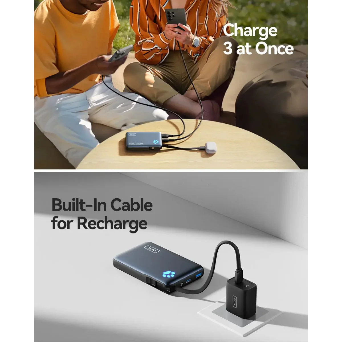 INIU P41L-P1 10000mAh PD 20W Portable Power Bank with Built-in USB-C Cable - Black - Image 4