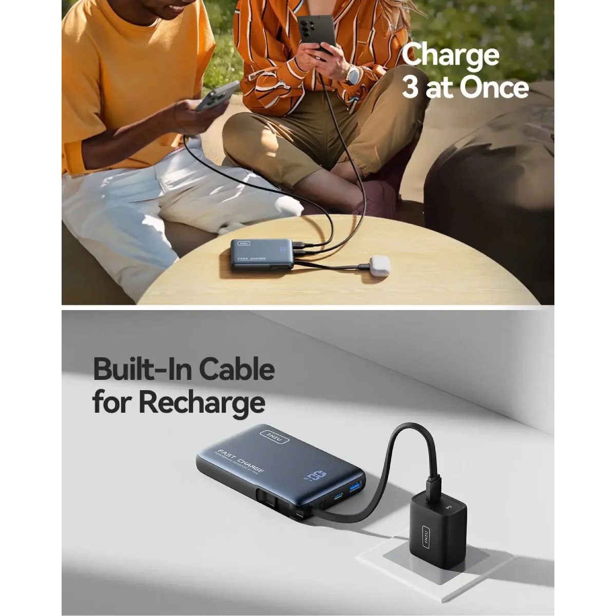INIU P61L-P1 Pocket Power 10000mAh PD 20W Portable Power Bank with Built-in USB-C Cable - Black - Image 4