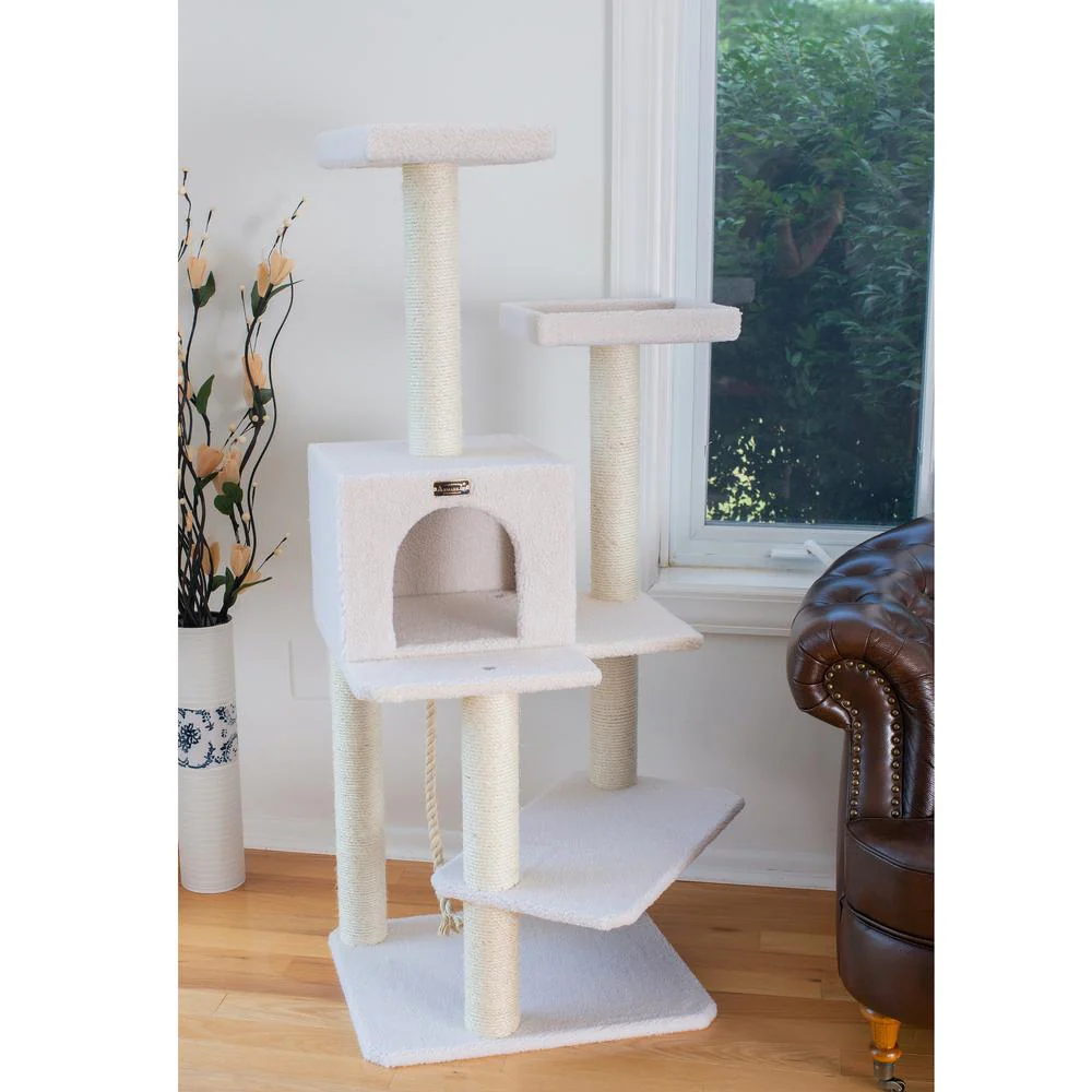 Ivory 57" High Real Wood Cat Tree, Fleece Covered Cat Climber - Image 4