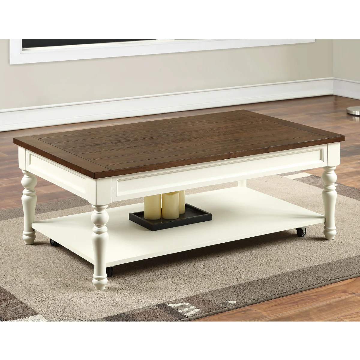 Joanna 48" Coffee Table with Open Shelf and Casters by Steve Silver Company - Ivory/Mocha - Image 5