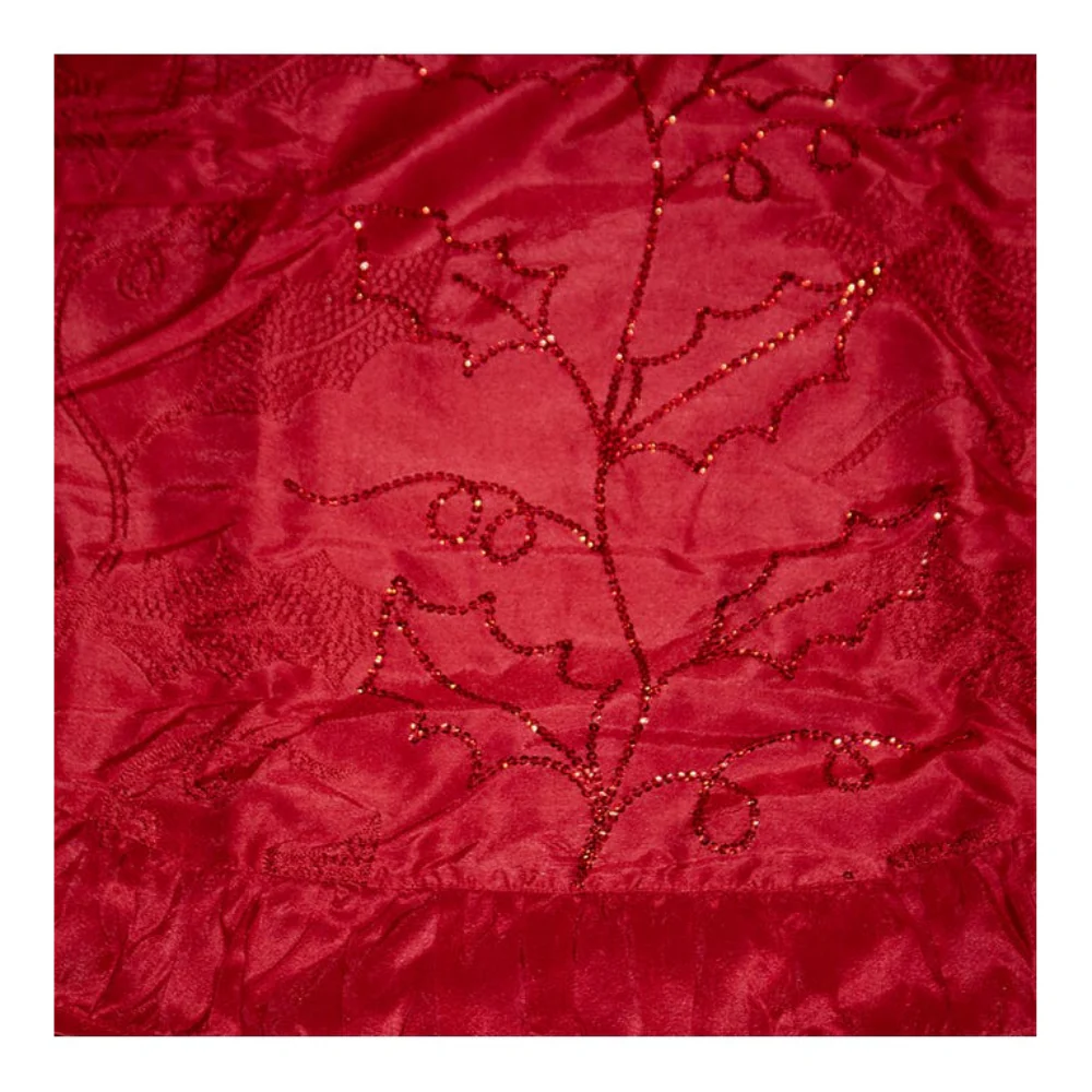 Kurt Adler 48" Sequined Holly Tree Skirt, Red - Image 2